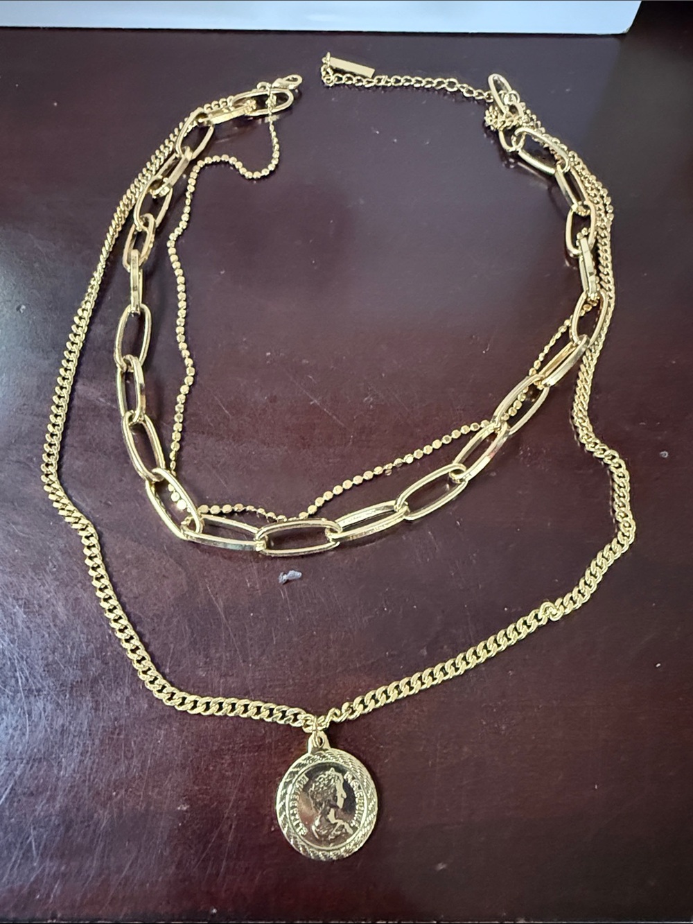Gold Tone Layered Coin Pendant Necklace